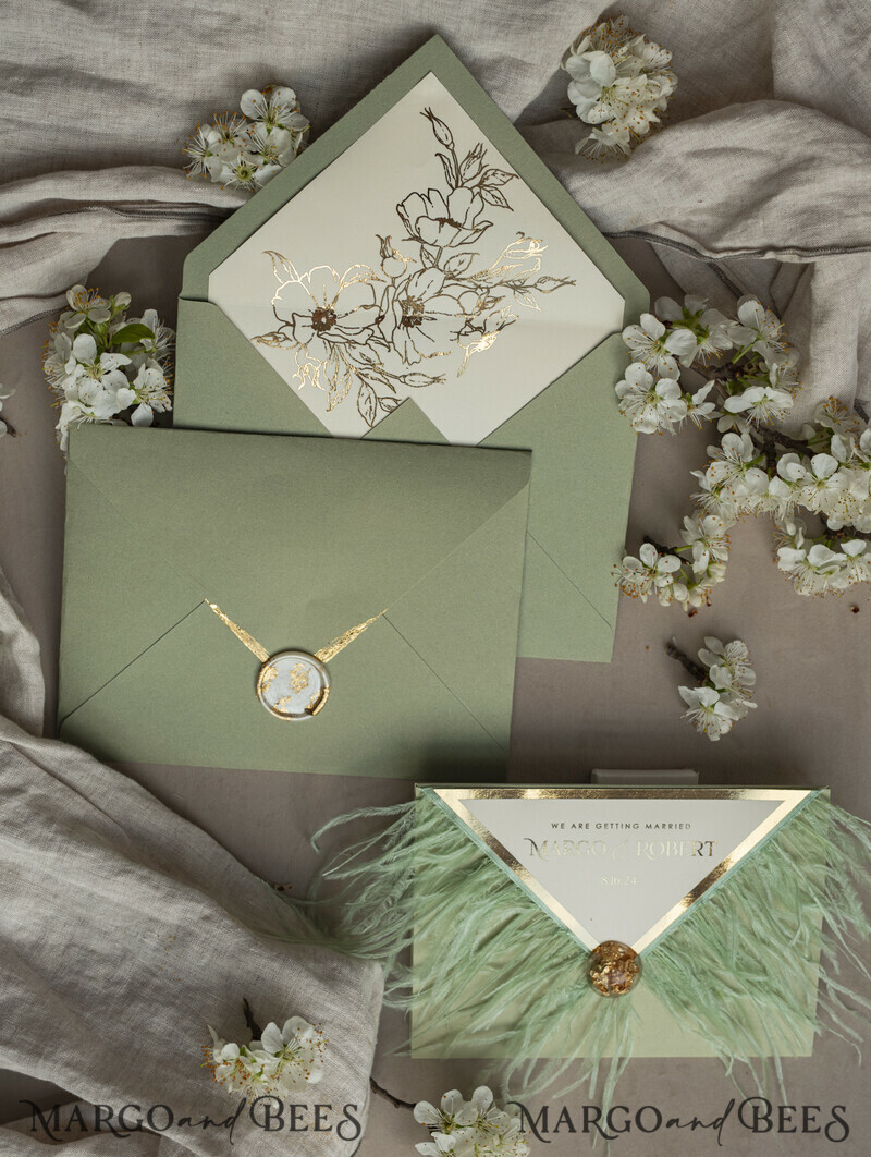 3 fold Luxury sage green Mirror gold Wedding Invitations.
Wedding invitations with feathers and gold.-10