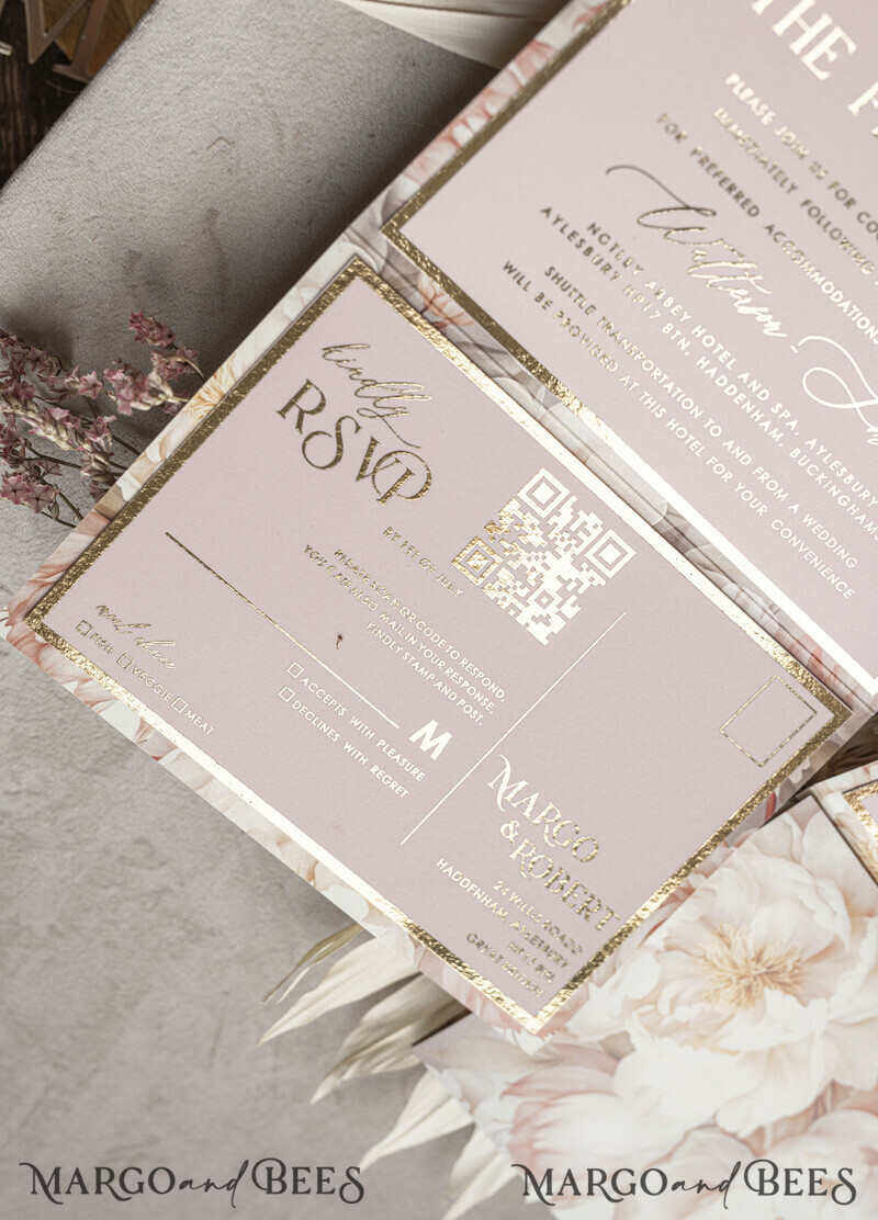 3 fold Luxury Blush Pink Mirror gold Wedding Invitations, Elegant nude Wedding Cards, Glamour Acrylic Monogram Wedding Invites, Mirror Plexi Wedding Invitation Suite. Wedding theme: gold and flowers.-11
