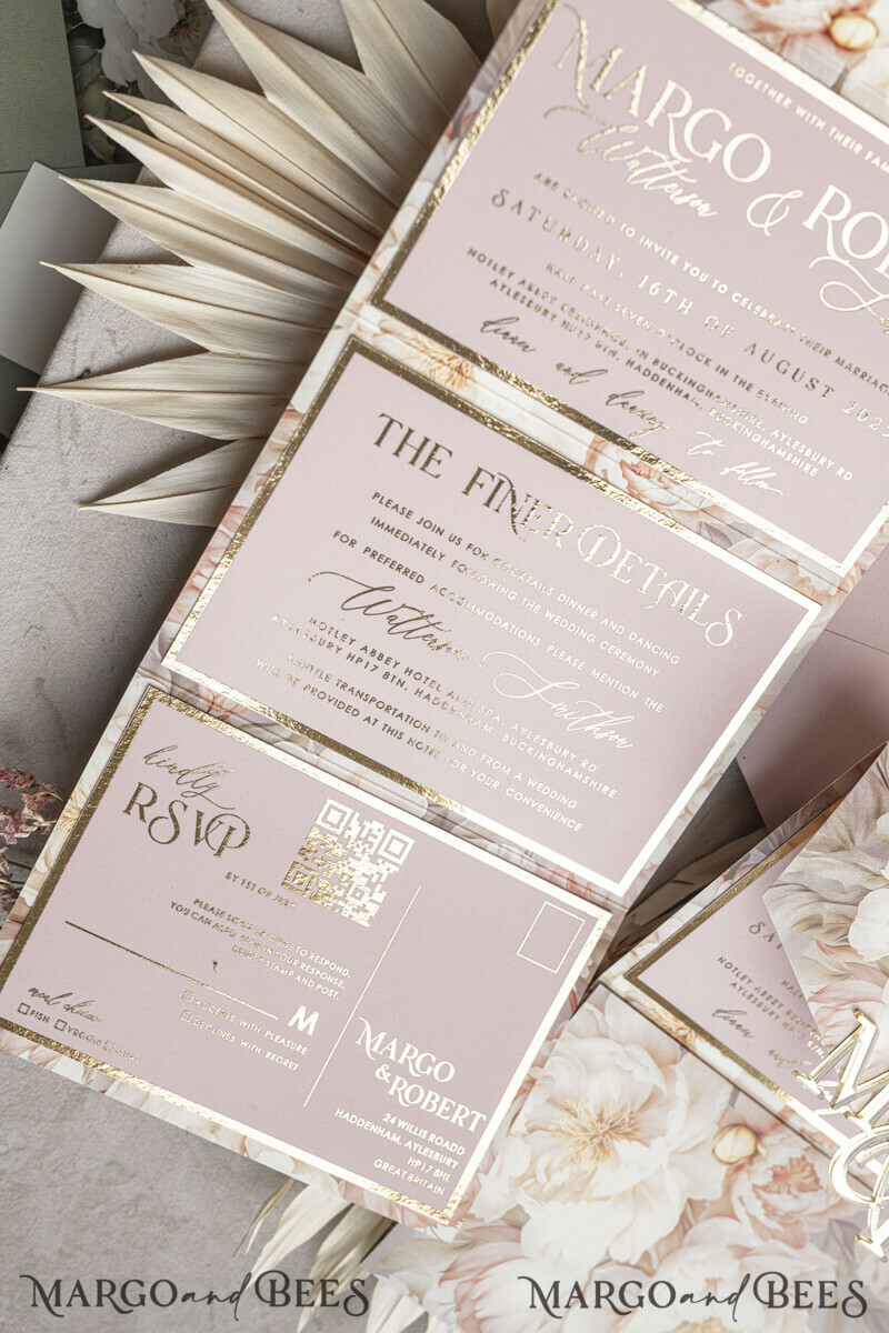 3 fold Luxury Blush Pink Mirror gold Wedding Invitations, Elegant nude Wedding Cards, Glamour Acrylic Monogram Wedding Invites, Mirror Plexi Wedding Invitation Suite. Wedding theme: gold and flowers.-12