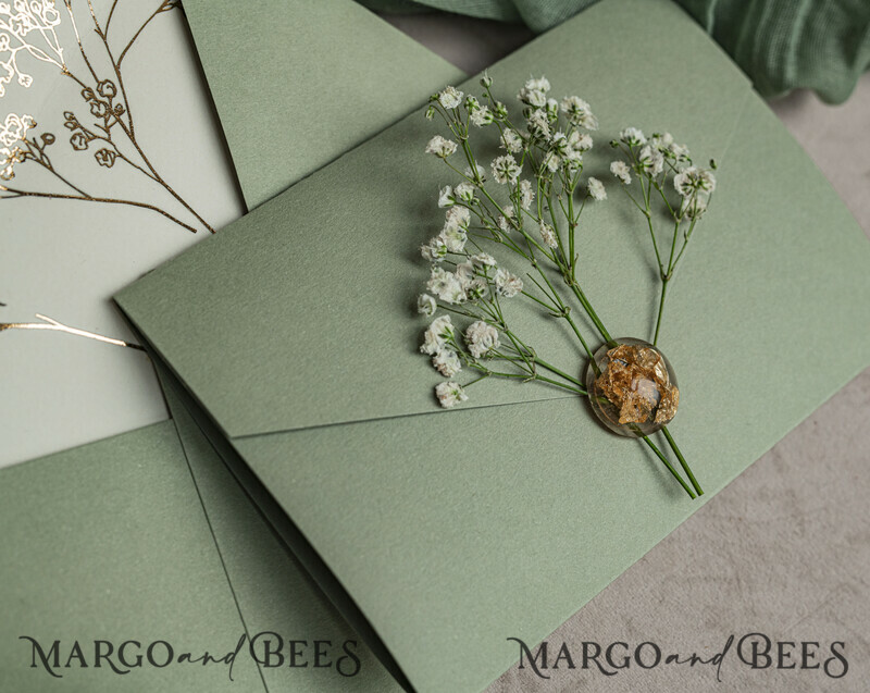 3 fold Luxury sage green golden Wedding Invitations, Elegant garden Wedding Cards, Baby Breath Bouquet Gypsophila Wedding Invites, Natutal floral Wedding Invitation Suite-2