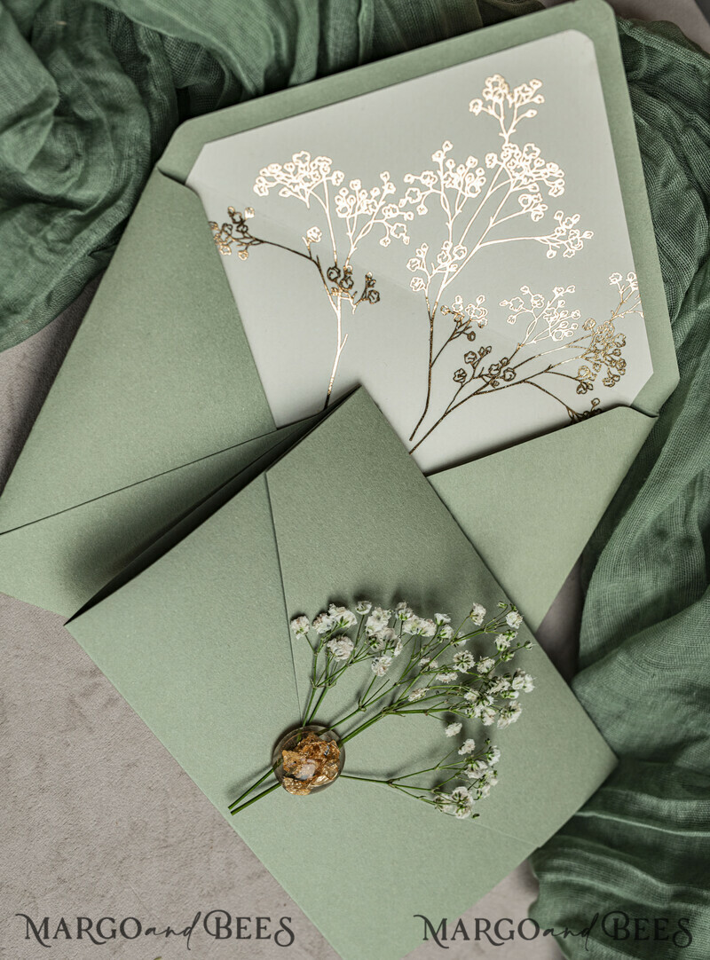 3 fold Luxury sage green golden Wedding Invitations, Elegant garden Wedding Cards, Baby Breath Bouquet Gypsophila Wedding Invites, Natutal floral Wedding Invitation Suite-3