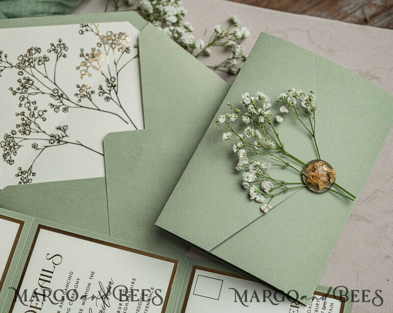 3 fold Luxury sage green golden Wedding Invitations, Elegant garden Wedding Cards, Baby Breath Bouquet Gypsophila Wedding Invites, Natutal floral Wedding Invitation Suite-11