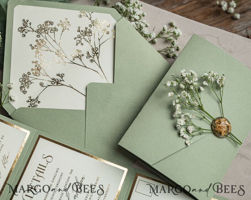 3 fold Luxury sage green golden Wedding Invitations, Elegant garden Wedding Cards, Baby Breath Bouquet Gypsophila Wedding Invites, Natutal floral Wedding Invitation Suite-12