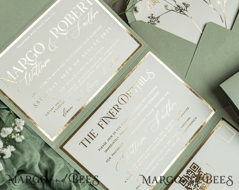 3 fold Luxury sage green golden Wedding Invitations, Elegant garden Wedding Cards, Baby Breath Bouquet Gypsophila Wedding Invites, Natutal floral Wedding Invitation Suite-13