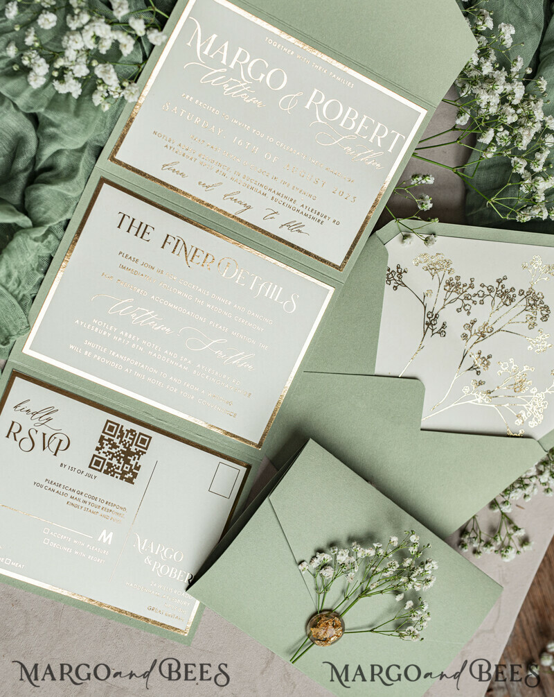 3 fold Luxury sage green golden Wedding Invitations, Elegant garden Wedding Cards, Baby Breath Bouquet Gypsophila Wedding Invites, Natutal floral Wedding Invitation Suite-15