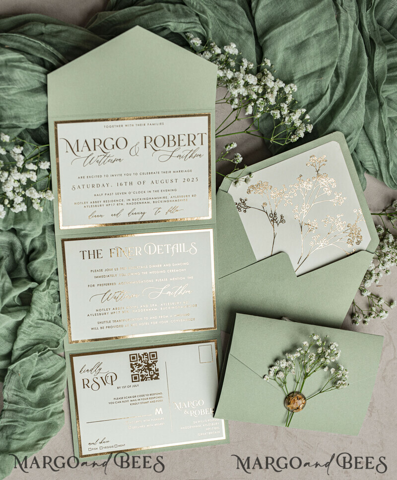 3 fold Luxury sage green golden Wedding Invitations, Elegant garden Wedding Cards, Baby Breath Bouquet Gypsophila Wedding Invites, Natutal floral Wedding Invitation Suite-16