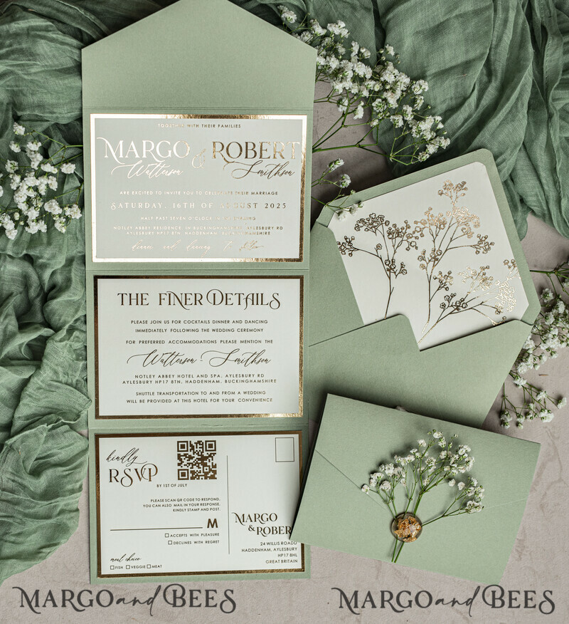 3 fold Luxury sage green golden Wedding Invitations, Elegant garden Wedding Cards, Baby Breath Bouquet Gypsophila Wedding Invites, Natutal floral Wedding Invitation Suite-1