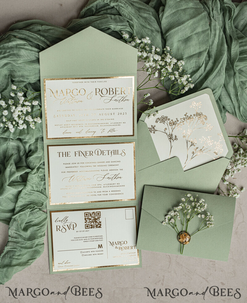 3 fold Luxury sage green golden Wedding Invitations, Elegant garden Wedding Cards, Baby Breath Bouquet Gypsophila Wedding Invites, Natutal floral Wedding Invitation Suite-17