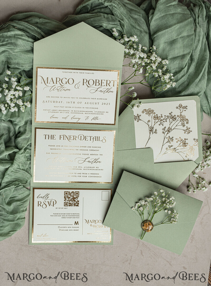 3 fold Luxury sage green golden Wedding Invitations, Elegant garden Wedding Cards, Baby Breath Bouquet Gypsophila Wedding Invites, Natutal floral Wedding Invitation Suite-18