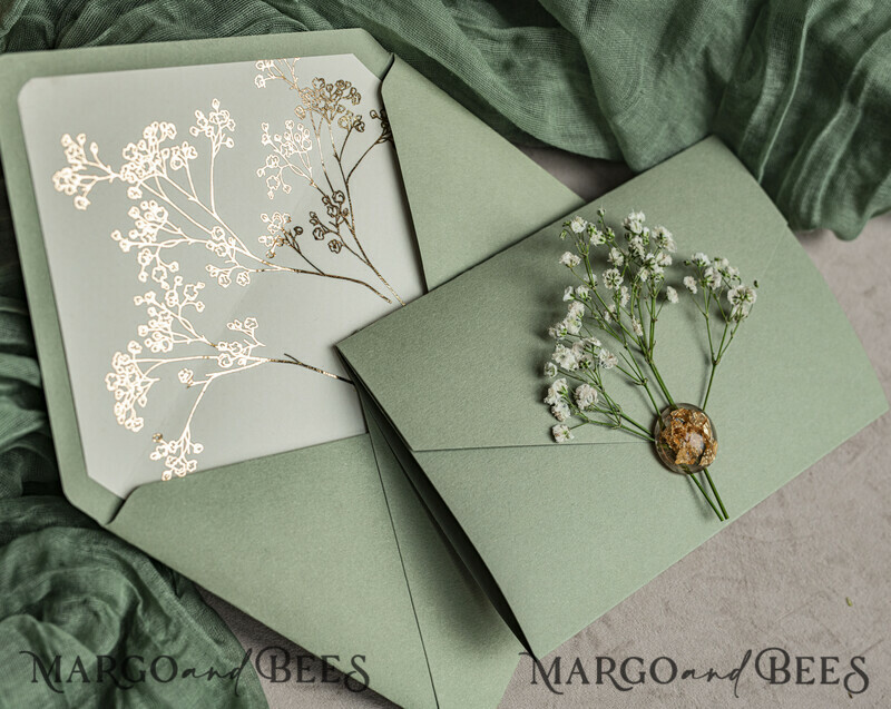 3 fold Luxury sage green golden Wedding Invitations, Elegant garden Wedding Cards, Baby Breath Bouquet Gypsophila Wedding Invites, Natutal floral Wedding Invitation Suite-4