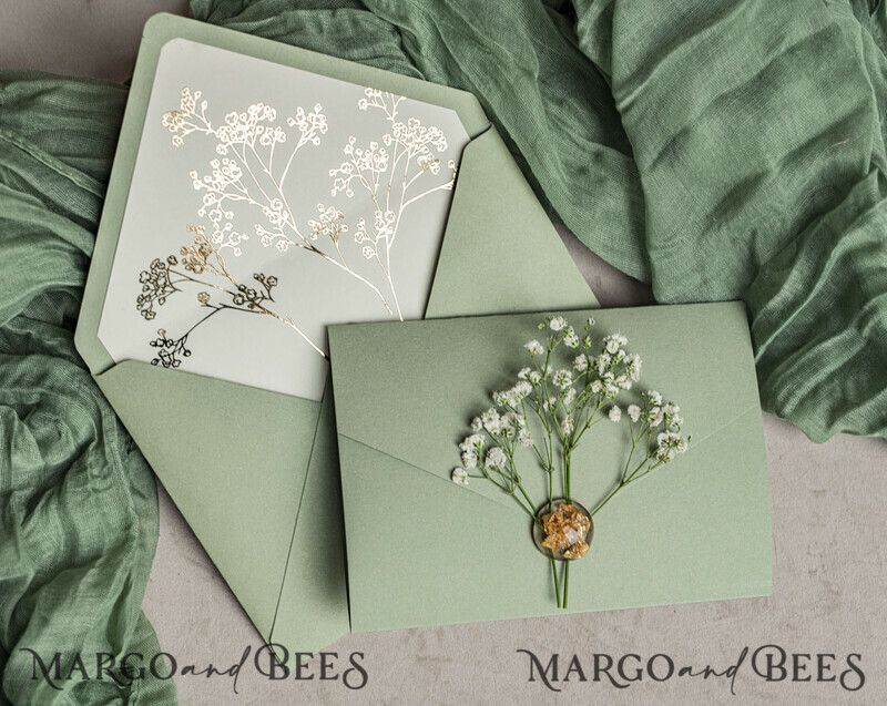 3 fold Luxury sage green golden Wedding Invitations, Elegant garden Wedding Cards, Baby Breath Bouquet Gypsophila Wedding Invites, Natutal floral Wedding Invitation Suite-5
