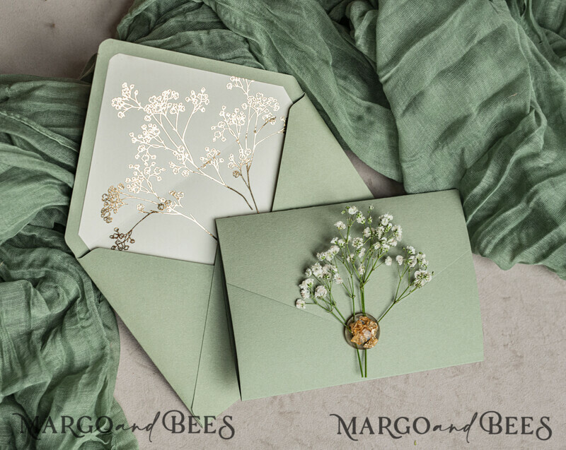 3 fold Luxury sage green golden Wedding Invitations, Elegant garden Wedding Cards, Baby Breath Bouquet Gypsophila Wedding Invites, Natutal floral Wedding Invitation Suite-6