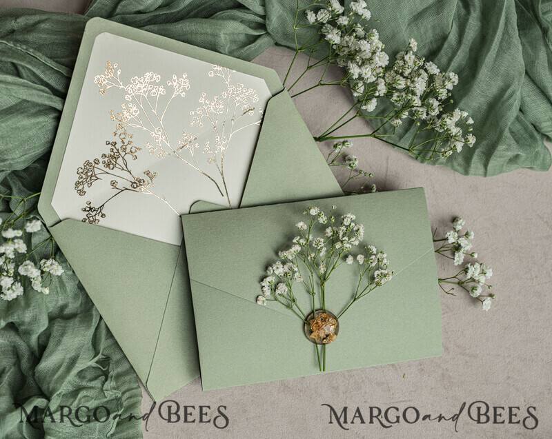 3 fold Luxury sage green golden Wedding Invitations, Elegant garden Wedding Cards, Baby Breath Bouquet Gypsophila Wedding Invites, Natutal floral Wedding Invitation Suite-0