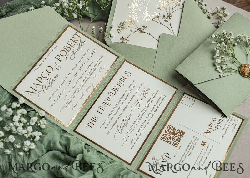 3 fold Luxury sage green golden Wedding Invitations, Elegant garden Wedding Cards, Baby Breath Bouquet Gypsophila Wedding Invites, Natutal floral Wedding Invitation Suite-7