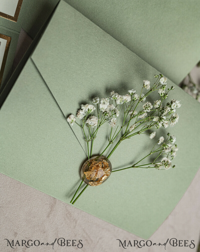 3 fold Luxury sage green golden Wedding Invitations, Elegant garden Wedding Cards, Baby Breath Bouquet Gypsophila Wedding Invites, Natutal floral Wedding Invitation Suite-9
