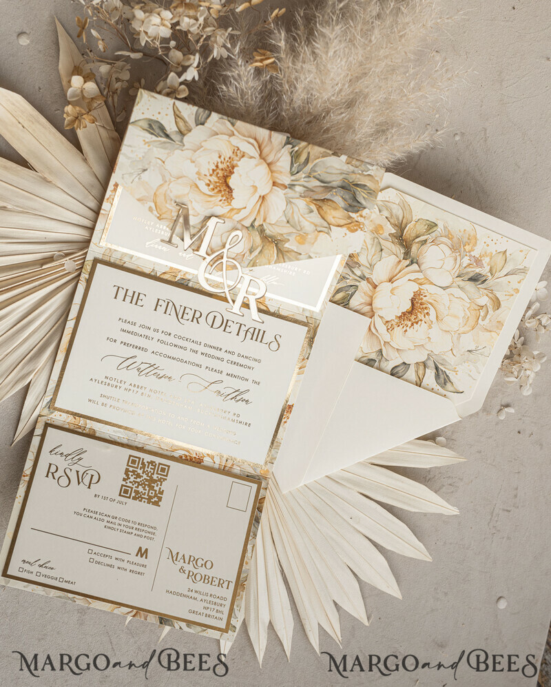 Ivory floral with gold. These wedding colour will help you throw a stunning autumnal celebration. Elegant Ivory Wedding Cards, Glamour Acrylic Monogram Wedding Invites.-1