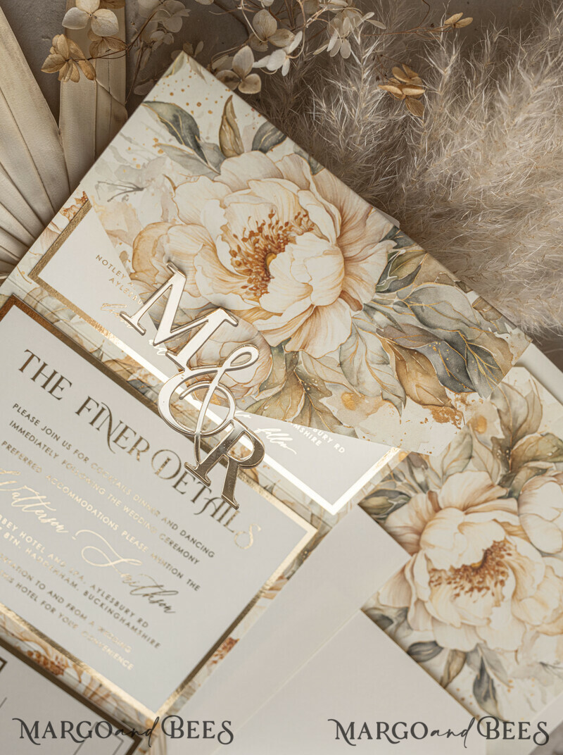 Ivory floral with gold. These wedding colour will help you throw a stunning autumnal celebration. Elegant Ivory Wedding Cards, Glamour Acrylic Monogram Wedding Invites.-10