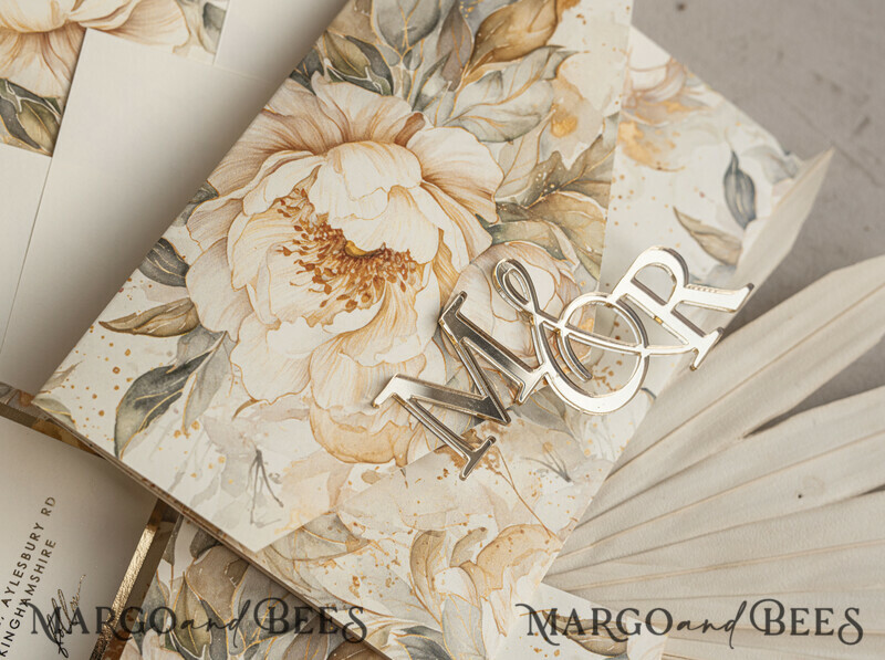 Ivory floral with gold. These wedding colour will help you throw a stunning autumnal celebration. Elegant Ivory Wedding Cards, Glamour Acrylic Monogram Wedding Invites.-12