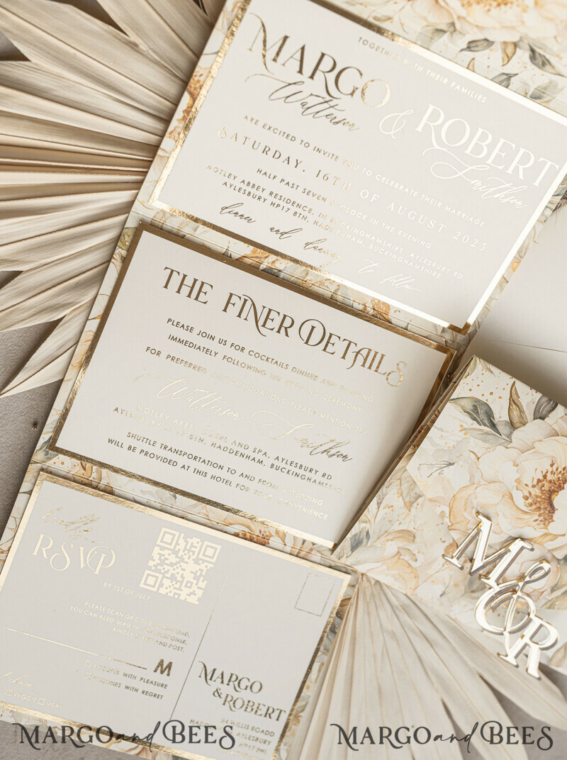 Ivory floral with gold. These wedding colour will help you throw a stunning autumnal celebration. Elegant Ivory Wedding Cards, Glamour Acrylic Monogram Wedding Invites.-14