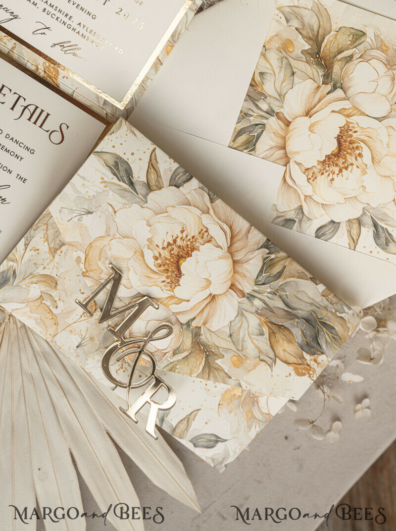 Ivory floral with gold. These wedding colour will help you throw a stunning autumnal celebration. Elegant Ivory Wedding Cards, Glamour Acrylic Monogram Wedding Invites.-15