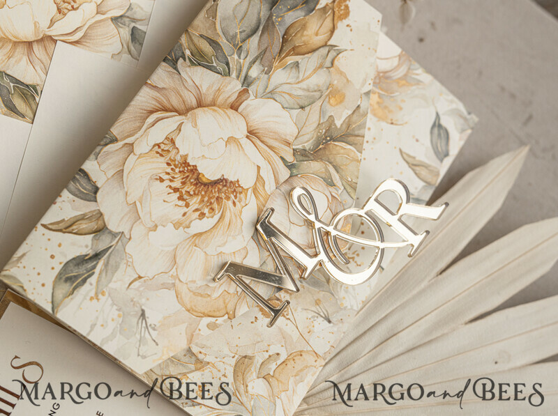 Ivory floral with gold. These wedding colour will help you throw a stunning autumnal celebration. Elegant Ivory Wedding Cards, Glamour Acrylic Monogram Wedding Invites.-16