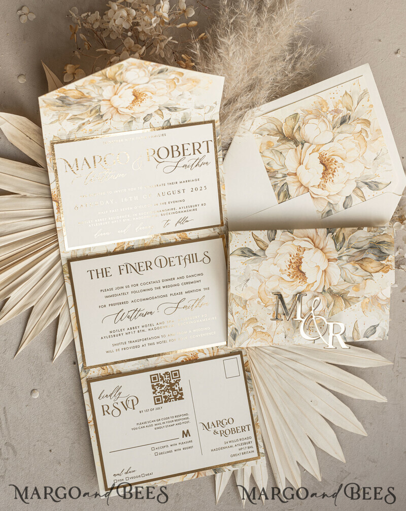 Ivory floral with gold. These wedding colour will help you throw a stunning autumnal celebration. Elegant Ivory Wedding Cards, Glamour Acrylic Monogram Wedding Invites.-18