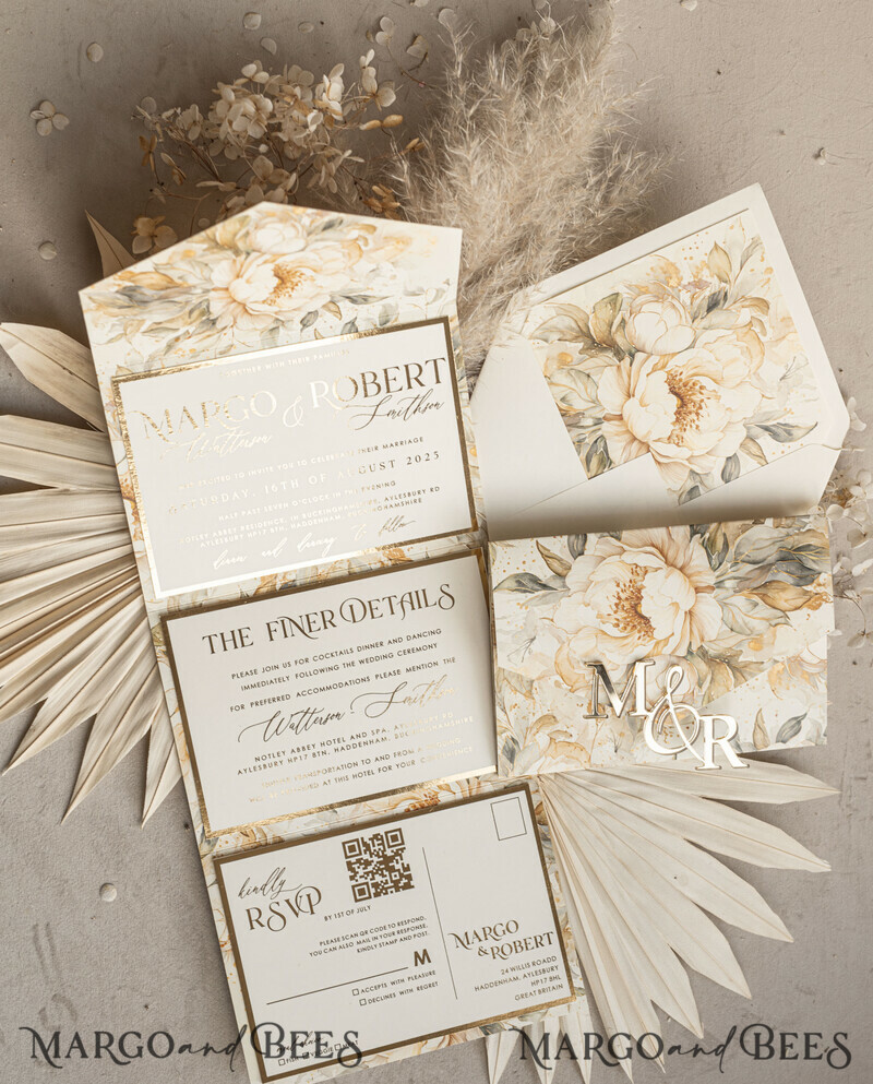 Ivory floral with gold. These wedding colour will help you throw a stunning autumnal celebration. Elegant Ivory Wedding Cards, Glamour Acrylic Monogram Wedding Invites.-19