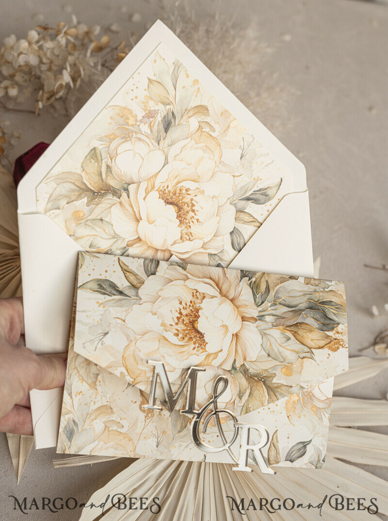 Ivory floral with gold. These wedding colour will help you throw a stunning autumnal celebration. Elegant Ivory Wedding Cards, Glamour Acrylic Monogram Wedding Invites.-2