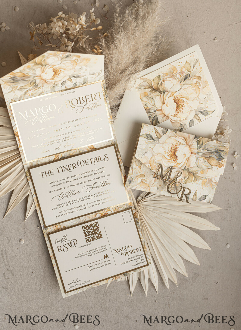 Ivory floral with gold. These wedding colour will help you throw a stunning autumnal celebration. Elegant Ivory Wedding Cards, Glamour Acrylic Monogram Wedding Invites.-20