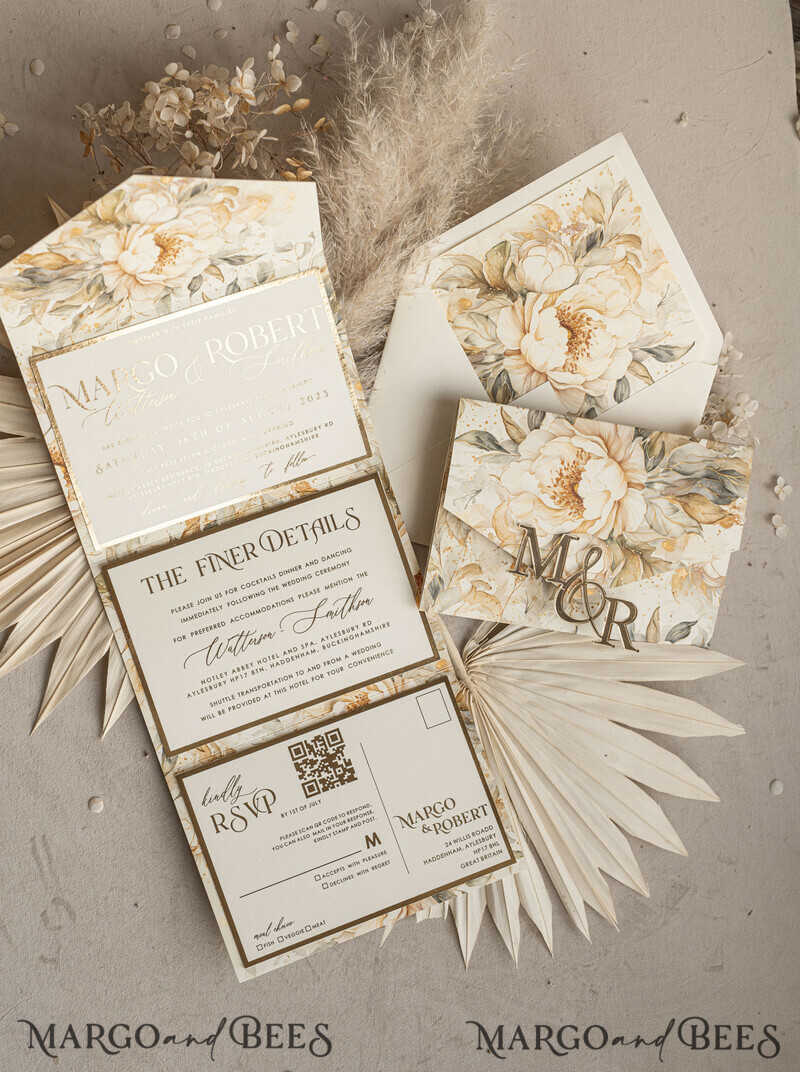 Ivory floral with gold. These wedding colour will help you throw a stunning autumnal celebration. Elegant Ivory Wedding Cards, Glamour Acrylic Monogram Wedding Invites.-21