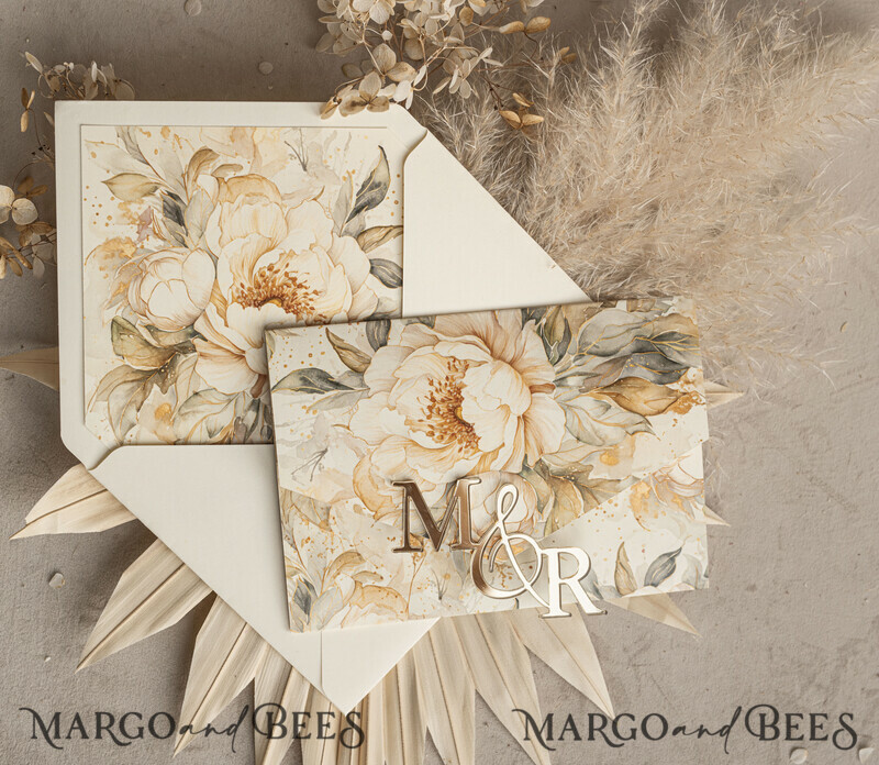 Ivory floral with gold. These wedding colour will help you throw a stunning autumnal celebration. Elegant Ivory Wedding Cards, Glamour Acrylic Monogram Wedding Invites.-23