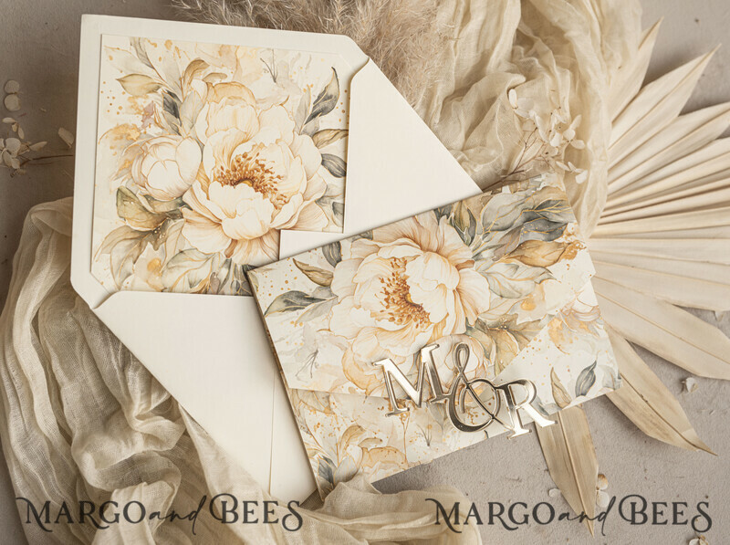 Ivory floral with gold. These wedding colour will help you throw a stunning autumnal celebration. Elegant Ivory Wedding Cards, Glamour Acrylic Monogram Wedding Invites.-24