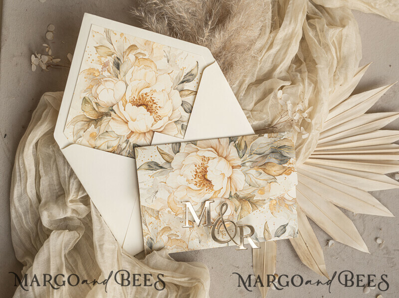 Ivory floral with gold. These wedding colour will help you throw a stunning autumnal celebration. Elegant Ivory Wedding Cards, Glamour Acrylic Monogram Wedding Invites.-25