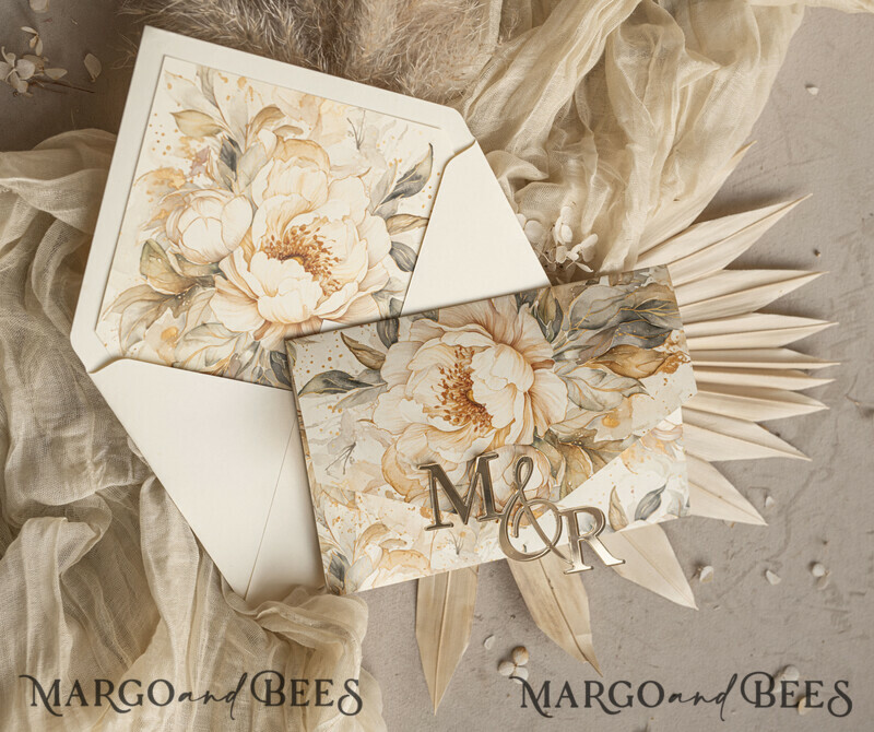 Ivory floral with gold. These wedding colour will help you throw a stunning autumnal celebration. Elegant Ivory Wedding Cards, Glamour Acrylic Monogram Wedding Invites.-26