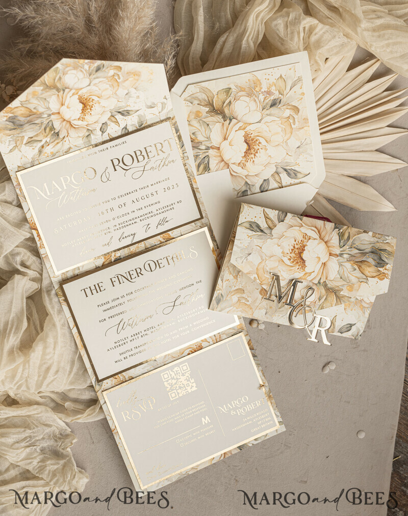 Ivory floral with gold. These wedding colour will help you throw a stunning autumnal celebration. Elegant Ivory Wedding Cards, Glamour Acrylic Monogram Wedding Invites.-29