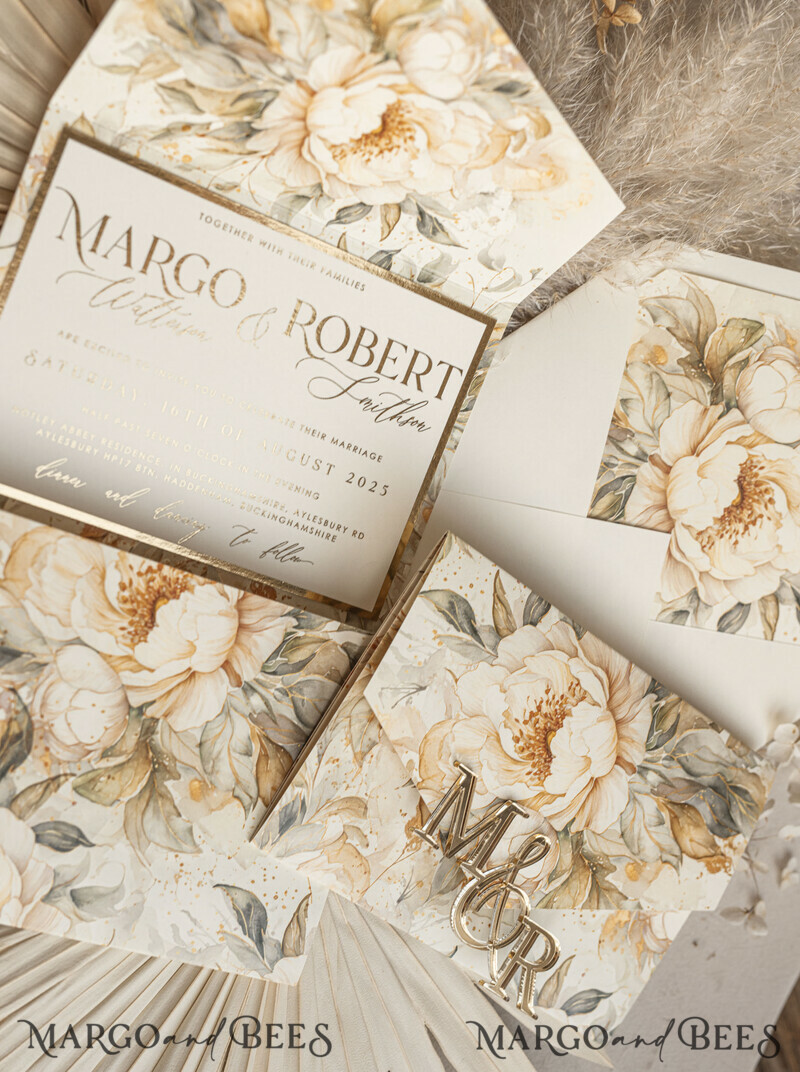 Ivory floral with gold. These wedding colour will help you throw a stunning autumnal celebration. Elegant Ivory Wedding Cards, Glamour Acrylic Monogram Wedding Invites.-3