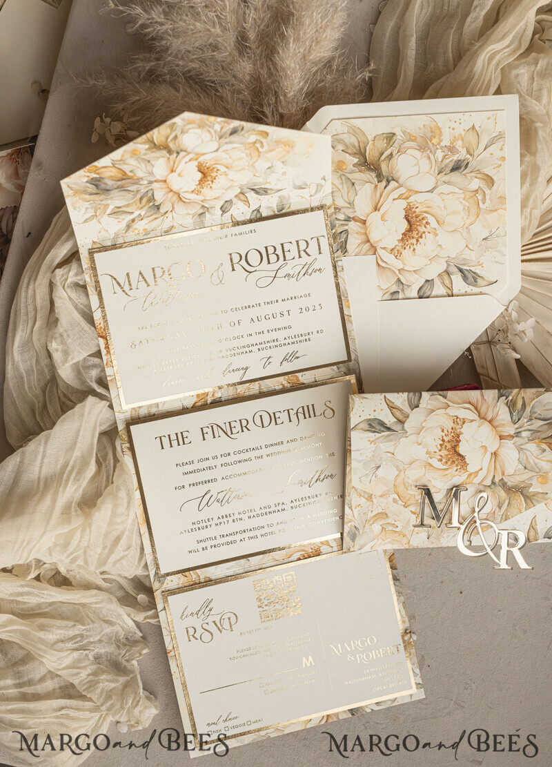 Ivory floral with gold. These wedding colour will help you throw a stunning autumnal celebration. Elegant Ivory Wedding Cards, Glamour Acrylic Monogram Wedding Invites.-30