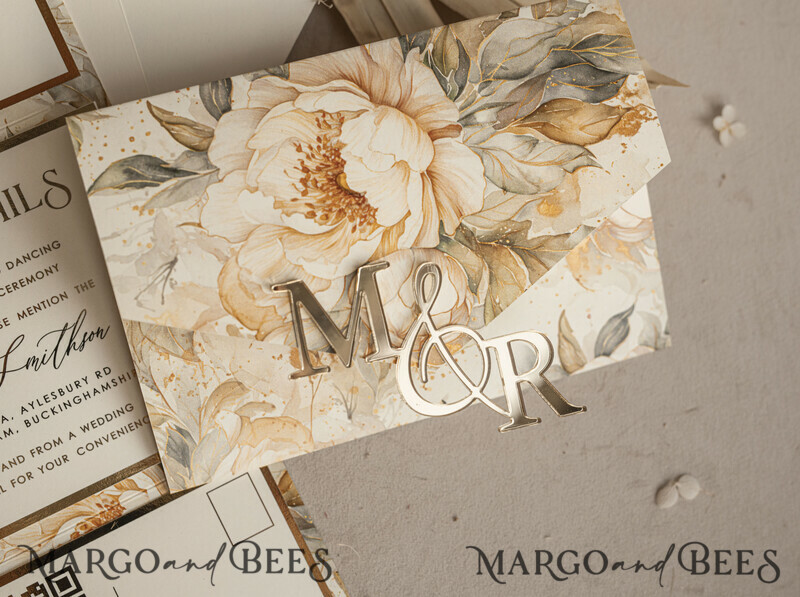 Ivory floral with gold. These wedding colour will help you throw a stunning autumnal celebration. Elegant Ivory Wedding Cards, Glamour Acrylic Monogram Wedding Invites.-31