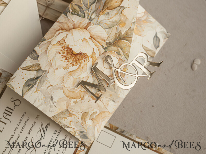 Ivory floral with gold. These wedding colour will help you throw a stunning autumnal celebration. Elegant Ivory Wedding Cards, Glamour Acrylic Monogram Wedding Invites.-32