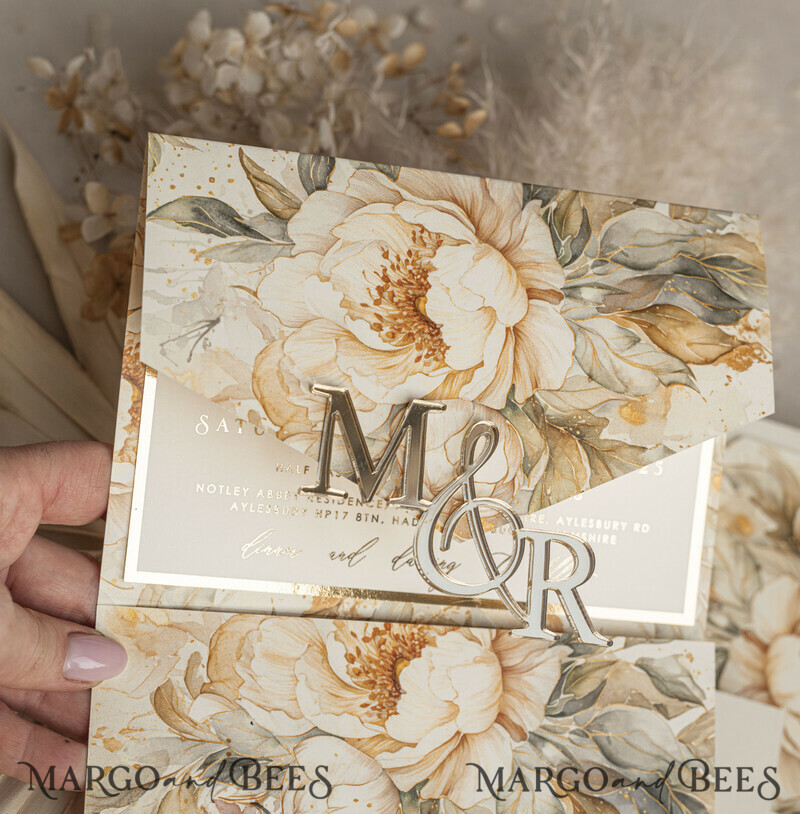 Ivory floral with gold. These wedding colour will help you throw a stunning autumnal celebration. Elegant Ivory Wedding Cards, Glamour Acrylic Monogram Wedding Invites.-4
