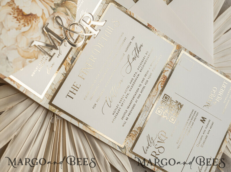 Ivory floral with gold. These wedding colour will help you throw a stunning autumnal celebration. Elegant Ivory Wedding Cards, Glamour Acrylic Monogram Wedding Invites.-7