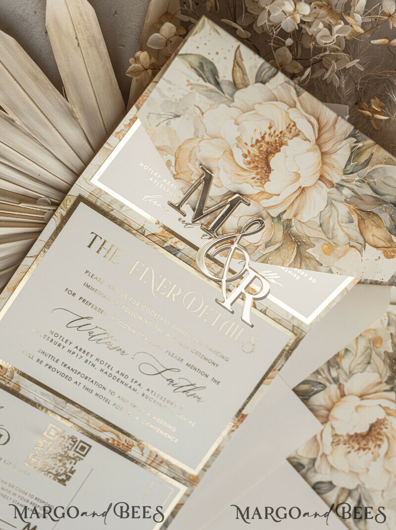Ivory floral with gold. These wedding colour will help you throw a stunning autumnal celebration. Elegant Ivory Wedding Cards, Glamour Acrylic Monogram Wedding Invites.-8