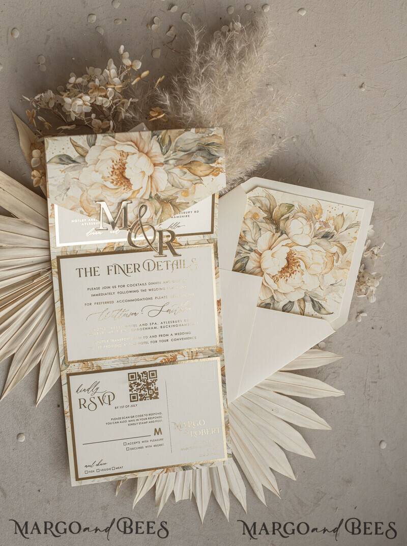 Ivory floral with gold. These wedding colour will help you throw a stunning autumnal celebration. Elegant Ivory Wedding Cards, Glamour Acrylic Monogram Wedding Invites.-9