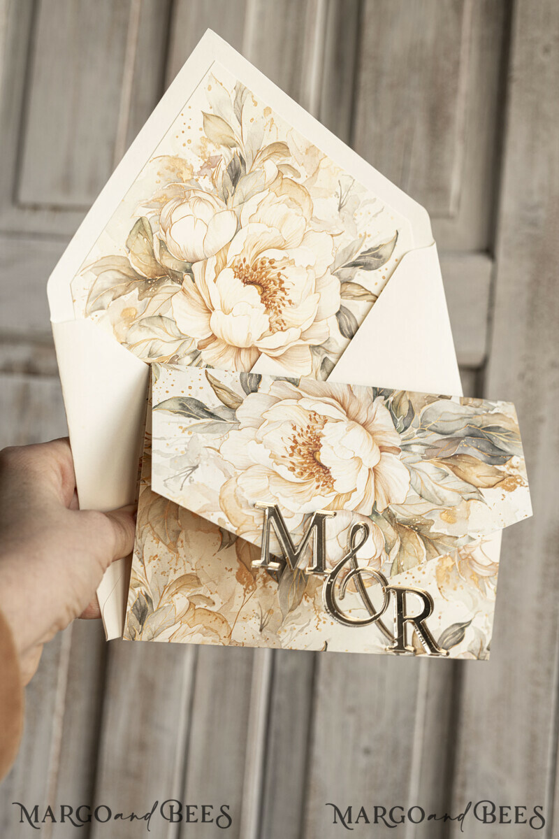 Ivory floral with gold. These wedding colour will help you throw a stunning autumnal celebration. Elegant Ivory Wedding Cards, Glamour Acrylic Monogram Wedding Invites.-0