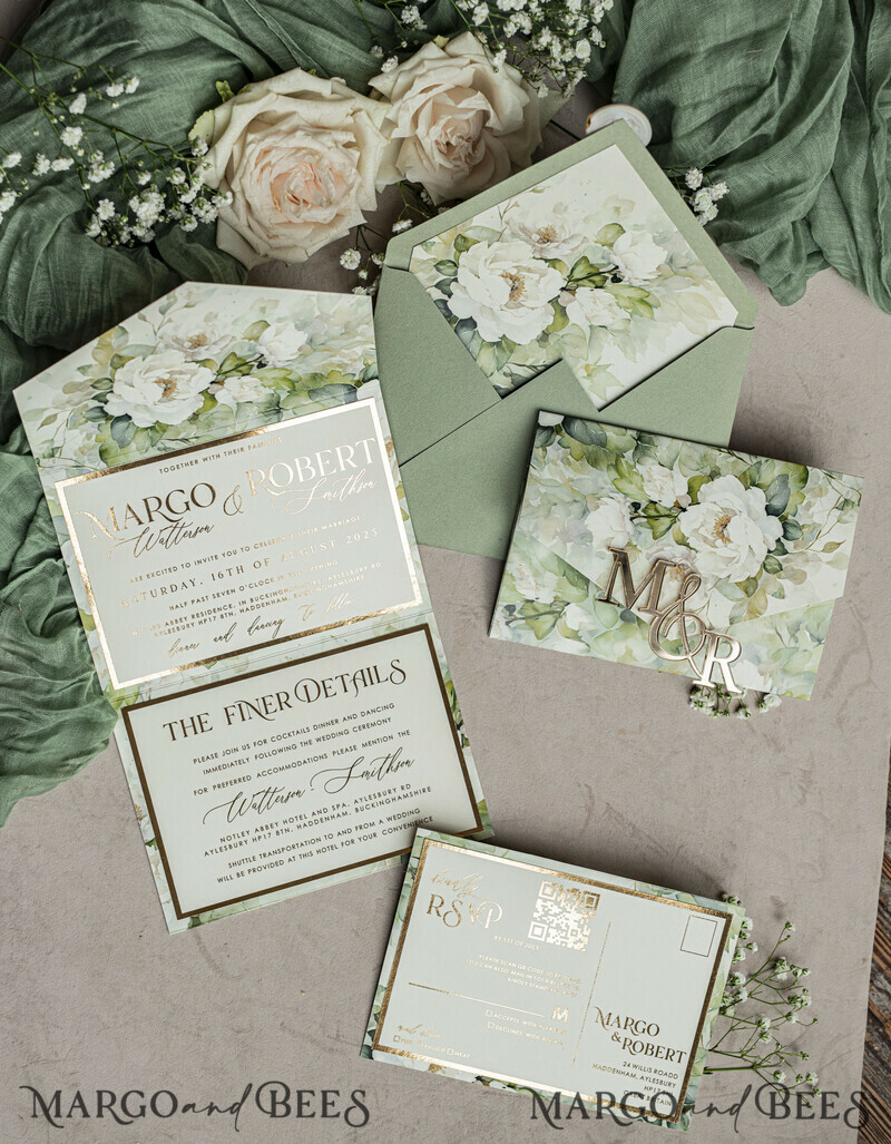 Sage green wedding? Wedding invitations in color sage green can be paired with various kinds of neutrals to incorporate into your wedding invitation, such as ivory and taupe. Elegant garden Wedding Cards.-3