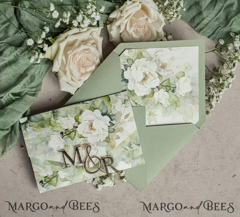 Sage green wedding? Wedding invitations in color sage green can be paired with various kinds of neutrals to incorporate into your wedding invitation, such as ivory and taupe. Elegant garden Wedding Cards.-11