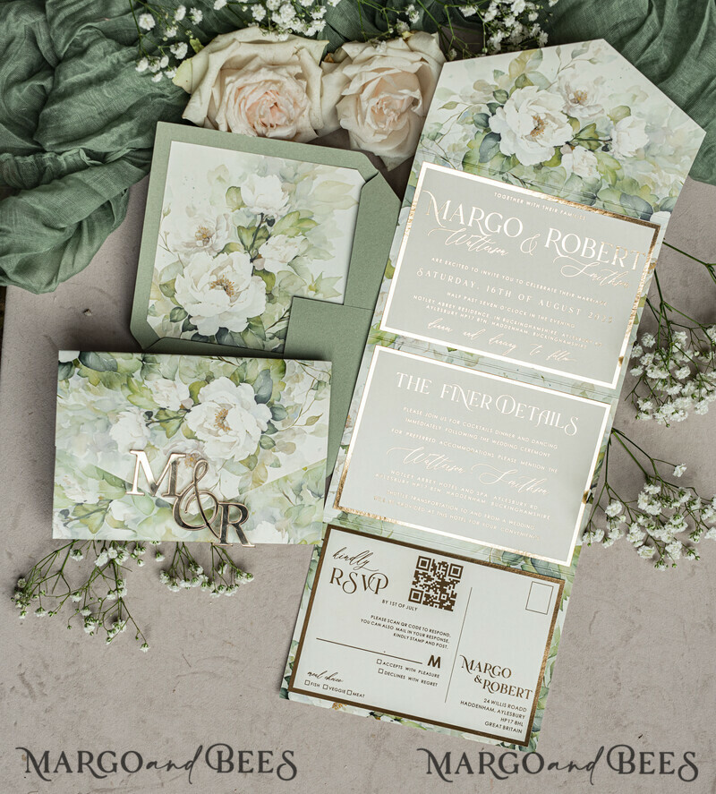 Sage green wedding? Wedding invitations in color sage green can be paired with various kinds of neutrals to incorporate into your wedding invitation, such as ivory and taupe. Elegant garden Wedding Cards.-17