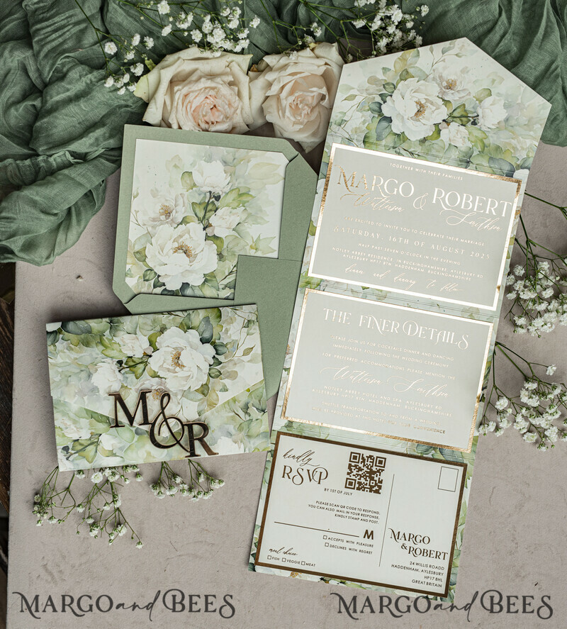 Sage green wedding? Wedding invitations in color sage green can be paired with various kinds of neutrals to incorporate into your wedding invitation, such as ivory and taupe. Elegant garden Wedding Cards.-18