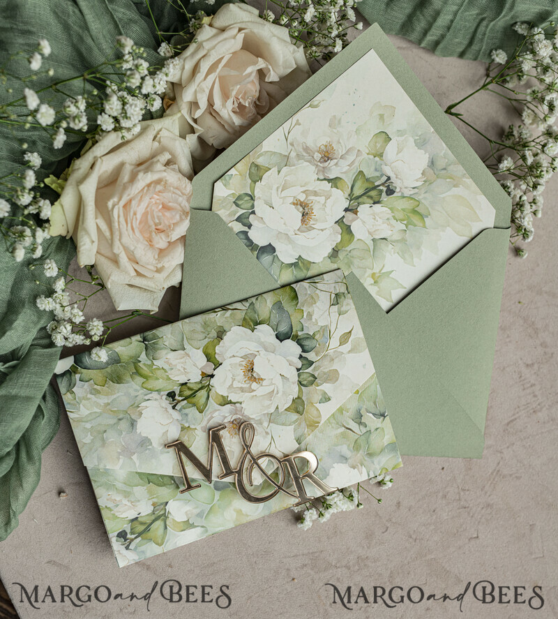 Sage green wedding? Wedding invitations in color sage green can be paired with various kinds of neutrals to incorporate into your wedding invitation, such as ivory and taupe. Elegant garden Wedding Cards.-2