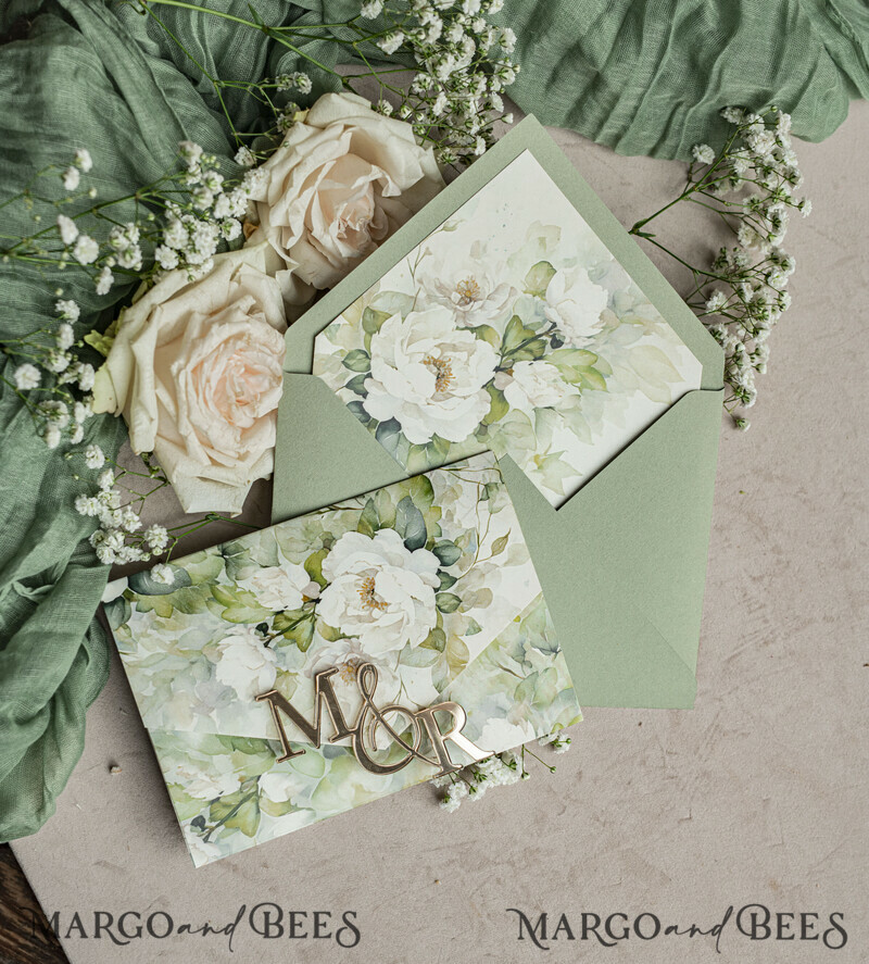 Sage green wedding? Wedding invitations in color sage green can be paired with various kinds of neutrals to incorporate into your wedding invitation, such as ivory and taupe. Elegant garden Wedding Cards.-5